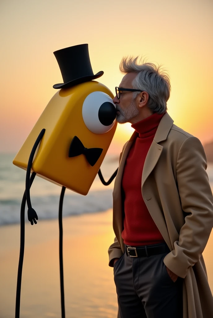 a realistic image of a floating Two-dimensional  yellow triangle with a giant eye with a black iris , that eye is in the middle of his body, This character does not have a mouth, but it does have two thin arms and two legs like spaghetti that are black, The triangle is wearing a long black top hat and A black bow tie under his eye. This character will be receiving a kiss on the cheek from a  handsome man with gray hair, black plastic glasses, a kind of red turtleneck, and dark pants, Over the red turtleneck sweater, he is wearing a Beige overcoat .The background will be a sunset on the beach. The main characters will be centered in the image very close to the camera. 