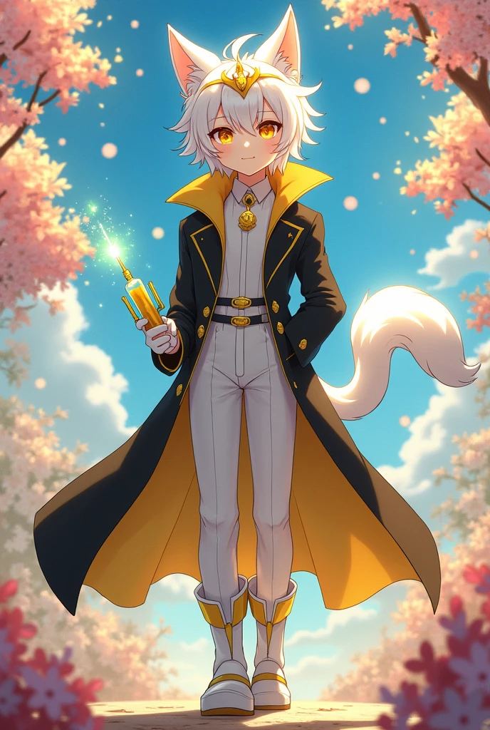 Attractive anime boy,White fur with silver,pale skin, yellow eyes, yellow light diadema,black coat, white pants, White boots with yellow, Long tail with yellow syringe with acid,white gloves