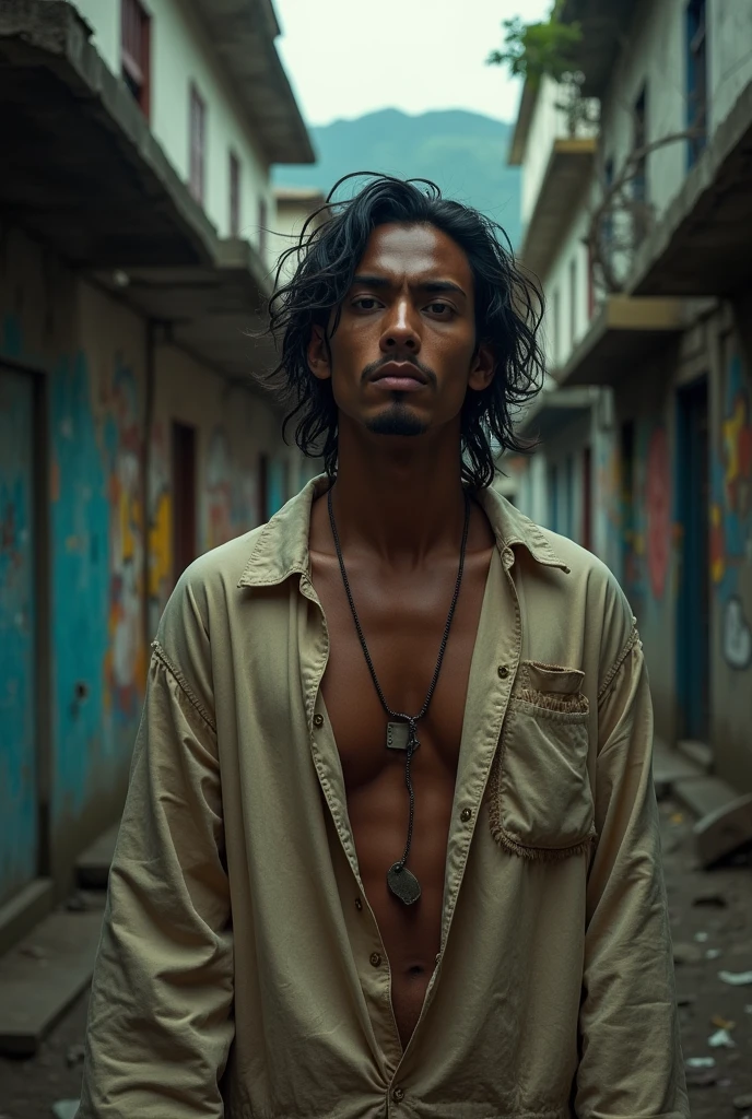 man in a dystopian future in Colombia. Brown eyes,long and angular face, black fur, tez morena. Wear a worn-out and too-small pajama
