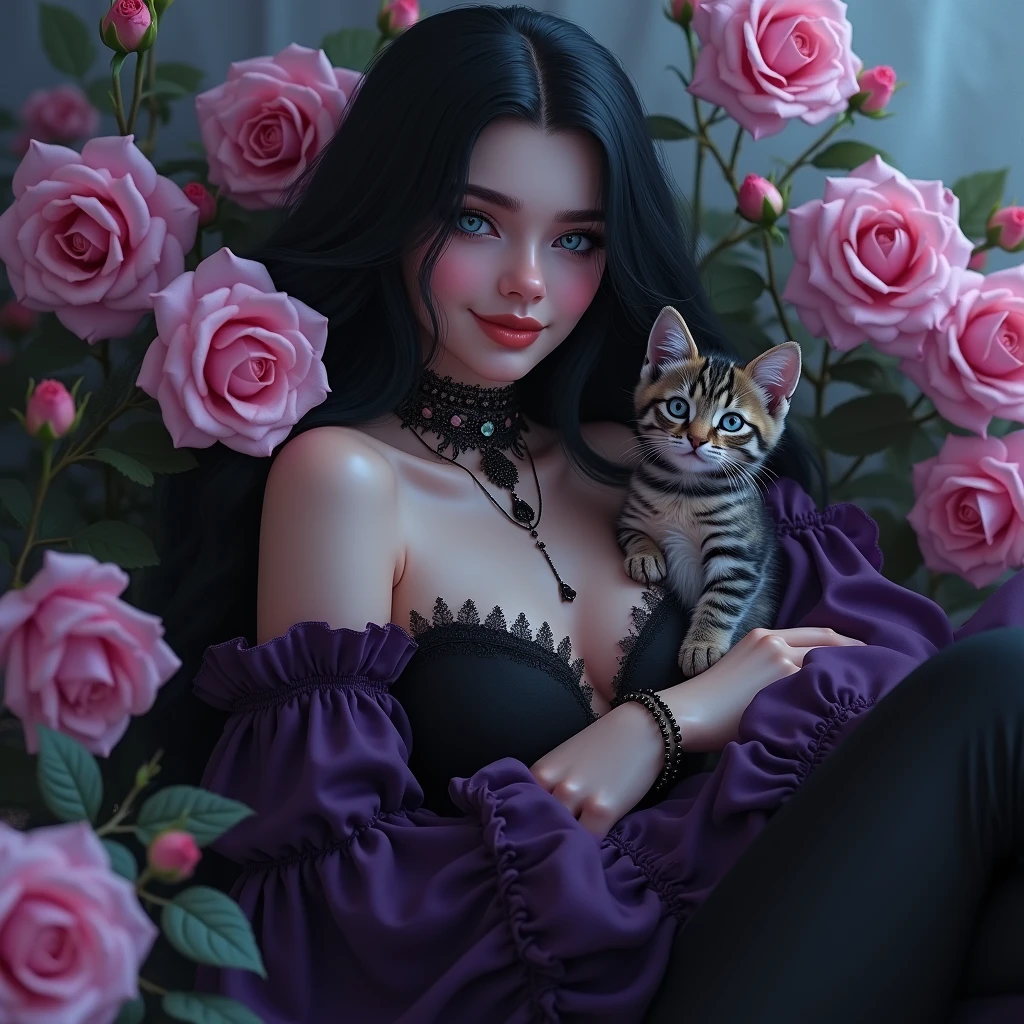 Male, sexy, long black hair, teal blue eyes, young, gothic, delicate features, no facial hair, no body hair, seductive, white and pale. Roses. Sexy pose. Purple and black. Sexy. Sexy pose. Seductive. Sensual. Long eyelashes. No facial hair. Pretty face. Thick legs. Sexy pose. Man. Male. Cute kitten. Smirking. No body or facial hair. Young male. Tiny waist. Cute.