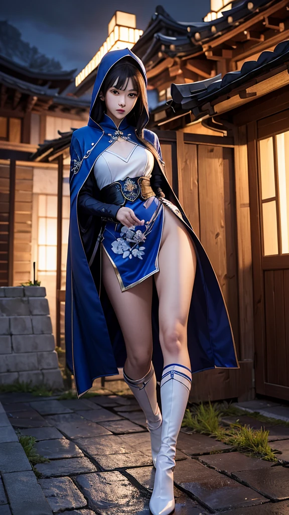 South korea assassin women mystery hooded on with modern royal Blue coat with long and wide sleeves with buttons and royal Blue cape and very high white heel over the knee and white gloves, As she reveals a small secret hidden blade coming from his palm , adding to the character's mysterious and agile appearance, with small movements of air on the cape, jump from roof to roof, in summer at night under the rain,medieval south korea house. sophisticated and highly detailed, ultra hd, realistic, hyper detailed, enhanced colours, ultra sharp focus, with vibrant, rich in details High quality, gorgeous, captivating, 8k, super detailed, stunning shadows, detailed lines, ready to make a murder