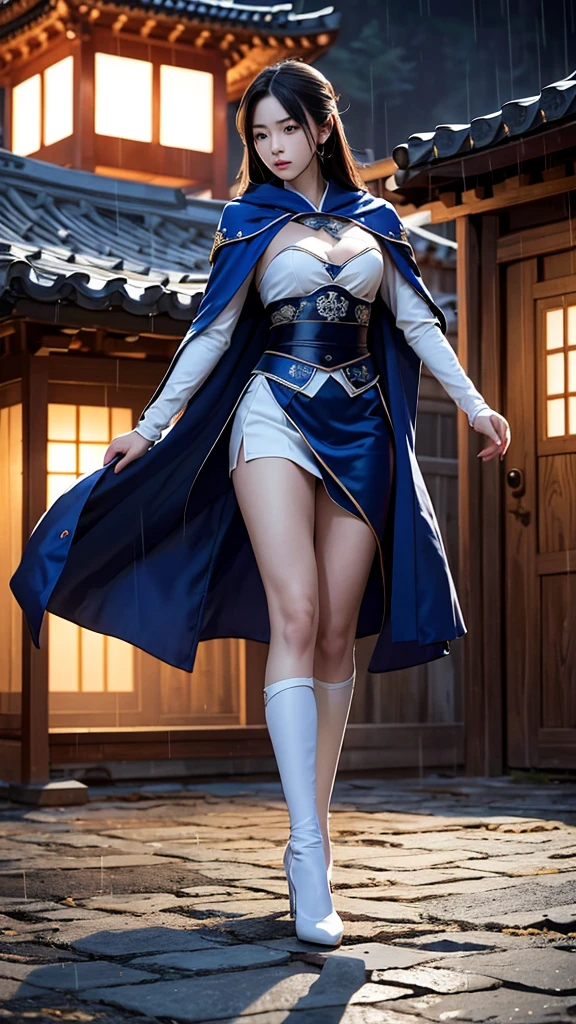 South korea assassin women mystery hooded on with modern royal Blue coat with long and wide sleeves with buttons and royal Blue cape and very high white heel over the knee and white gloves, As she reveals a small secret hidden blade coming from his palm , adding to the character's mysterious and agile appearance, with small movements of air on the cape, jump from roof to roof, in summer at night under the rain,medieval south korea house. sophisticated and highly detailed, ultra hd, realistic, hyper detailed, enhanced colours, ultra sharp focus, with vibrant, rich in details High quality, gorgeous, captivating, 8k, super detailed, stunning shadows, detailed lines, ready to make a murder