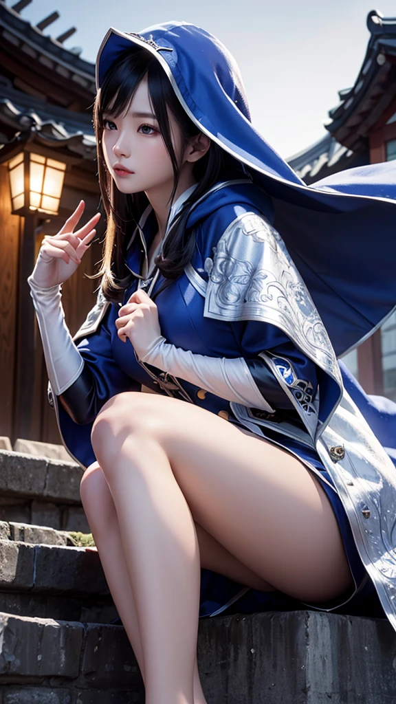 South korea assassin women mystery hooded on with modern royal Blue coat with long and wide sleeves with buttons and royal Blue cape and very high white heel over the knee and white gloves, As she reveals a small secret hidden blade coming from his palm , adding to the character's mysterious and agile appearance, with small movements of air on the cape, jump from roof to roof, in summer at night under the rain,medieval south korea house. sophisticated and highly detailed, ultra hd, realistic, hyper detailed, enhanced colours, ultra sharp focus, with vibrant, rich in details High quality, gorgeous, captivating, 8k, super detailed, stunning shadows, detailed lines, ready to make a murder