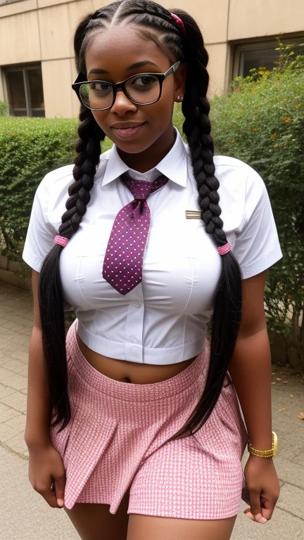 Very Busty young black girl wearing  uniform very short skirt, very long patterned socks, tie, glasses, massive huge breasts, long hair in braided pigtails, upskirt,  full length picture to the ground, wearing trainers,  breasts bursting out of her top