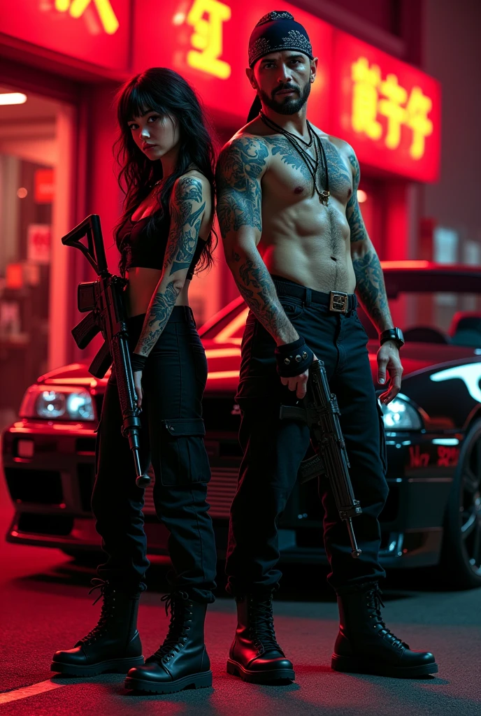 (photorealism:1.2), shirtless man wearing black cargo pants with black boots, holding an AK-47, black bandana, background with a black R34 car with red neon lights, and a girl next to him wearing a black shirt, black cargo pants, black boots, holding an M4, black bandana, both with tattoos, the girl with Japanese-style tattoos on her arms and chest, and the guy with Japanese-style tattoos on his arms and other tattoos on his chest.