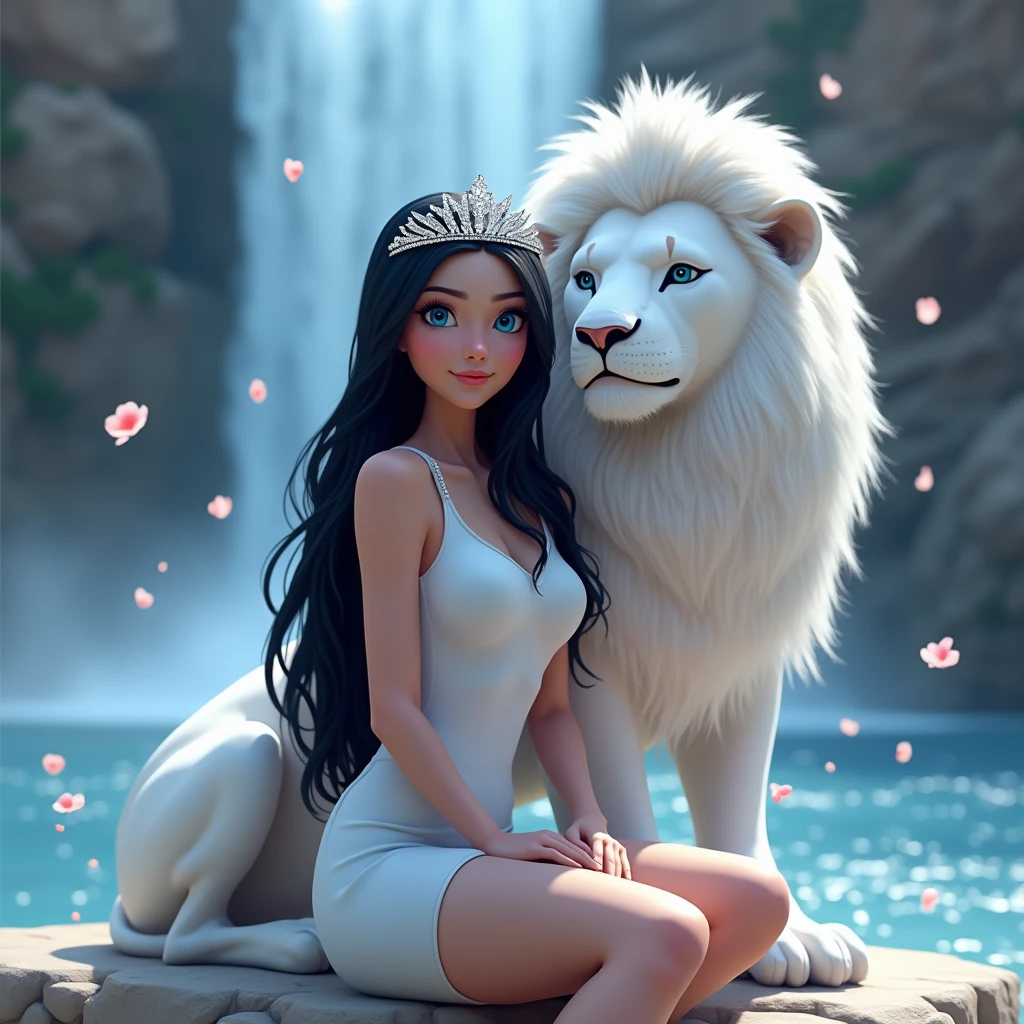 a beautiful woman with long, straight, jet-black hair, intense blue eyes, dressed in a tight white dress, Sitting on a stone with a beautiful waterfall in the background. Rose petals fall, She is with a large white lion. She wears a diamond crown, with mist and white glow. profile picture. animated digital art