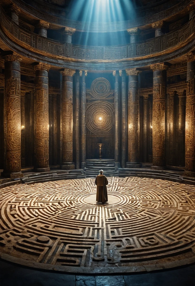 Scene of Dédalo, a wise inventor, meticulously designing the labyrinth within a grand chamber, surrounded by ancient scrolls and blueprints. Cinematic, detailed, highly realistic, focused lighting.