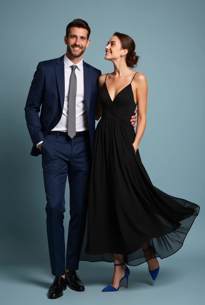 I need a drawing of a couple in cocktail attire, but not too formal., for dress code reference. The drawing should be minimalist and Disney style. The color palette can be black, blue and/Gray for both and both in suits
