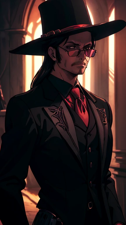 (1boy, countd,glasses,hat,suit,black jacket), (extremely detailed CG unit 8k wallpaper),(master part), (best quality), (ultra detail), (best illustration),(wanostyle), cowboy shot, (Sharp eyeliner, ombre, detail eyes), dark dungeon interiors background, ,break , (vamptech), 