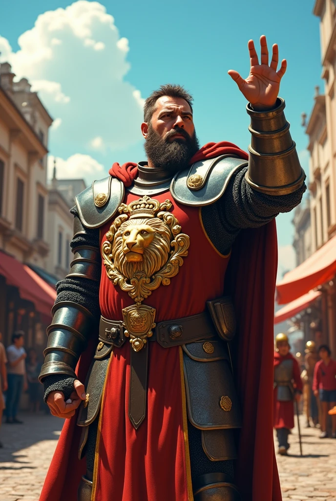 The leader of the guards, a stout man with a stern face, raises a hand for the group to stop. 
On their armor, the symbol of the kingdom: a lion with a crown.
