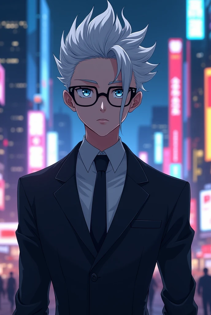 Make an anime man with white hair, with dark round glasses, very light blue eyes, with a suit