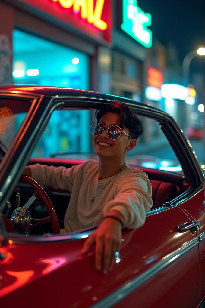 Make BTS's j-hope inside a 1967 Impala with glasses.