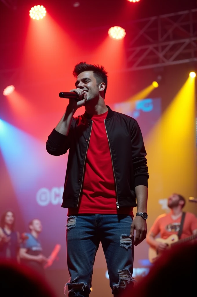 Handsome man short hair wearing black jacket and red t-shirt and blue jeans, singing on the stage, red and yellow spotlight, karaoke atmosphere