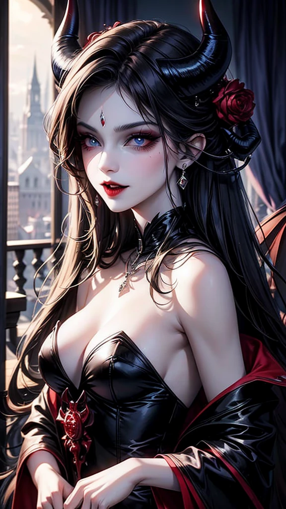 vampire woman with black hair, black eyes and medium breasts, a broad mind and dressed in an elegant suit
With Oni horns(devil)
smile, blue eyes, 