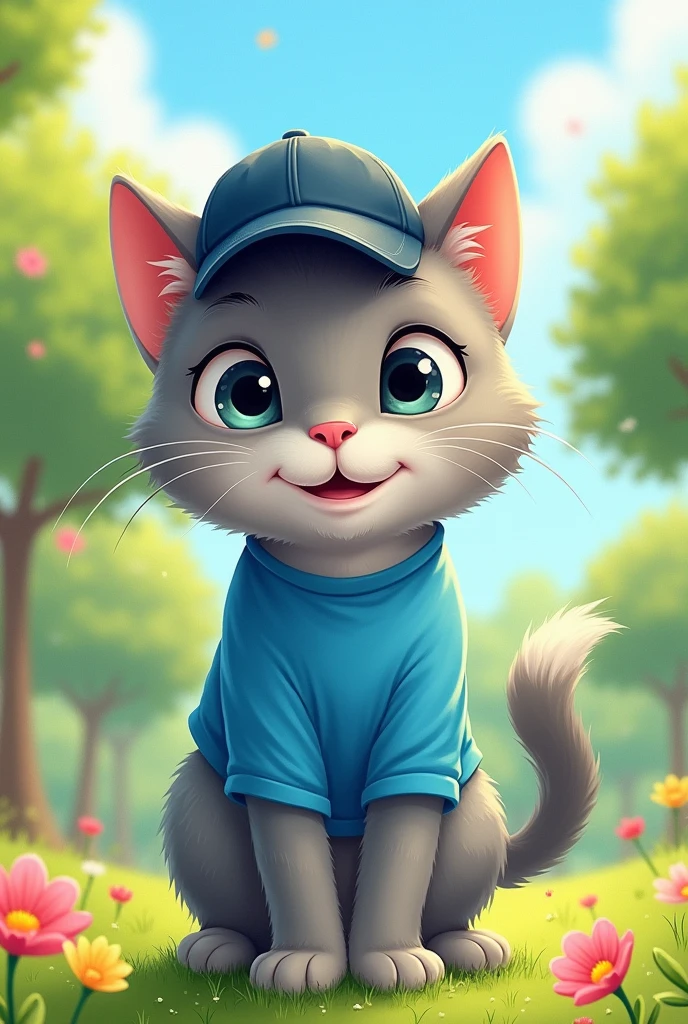 Drawing of a gray, with a blue shirt, and wearing a dark blue cap 