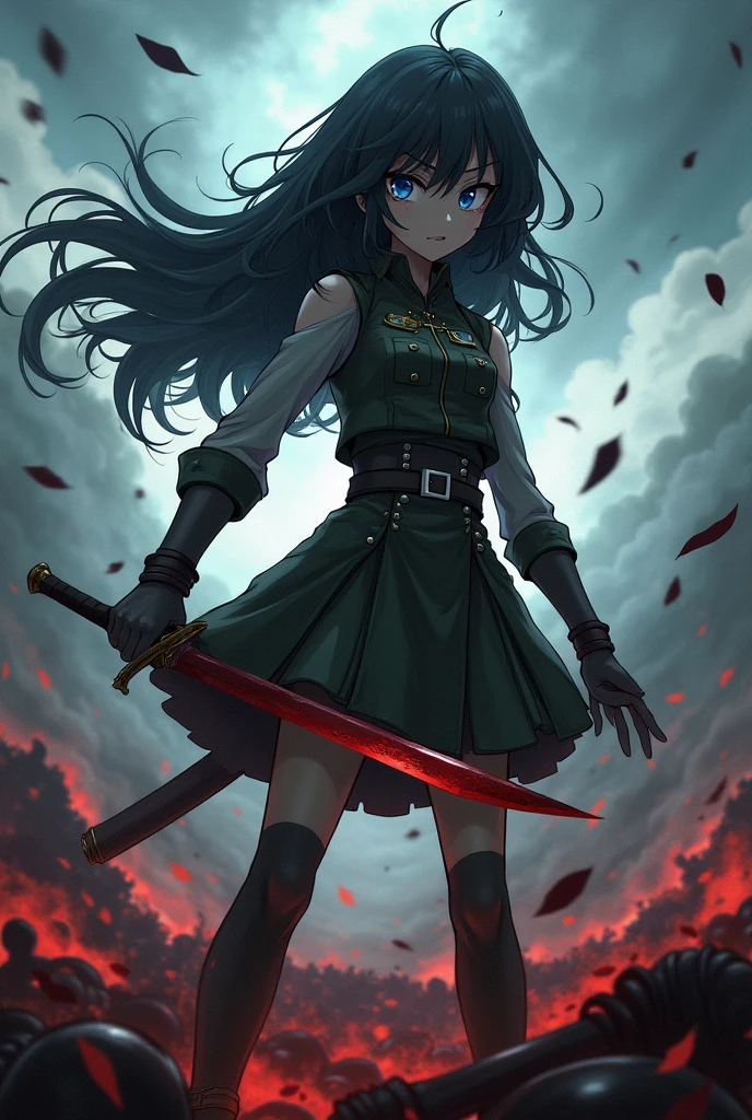 military girl, black hair and blue eyes, animated style, with blood, a sword, with an expression of hate, surrounded by corpses.