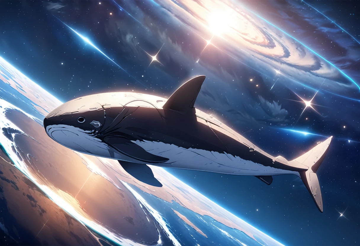 ((Masterpiece, top quality, high resolution)), ((highly detailed CG unified 8K wallpaper)), A huge whale is swimming in space, this whale is flying away from its home planet to a new planet,