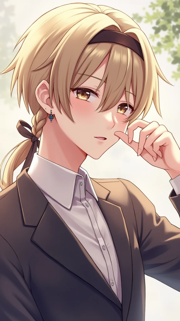 And a man、High resolution, smile, Shortcuts, accessories, ribbon, ribbonヘアaccessories, Headband, Earrings, 可likeい、Highest quality, Anime Face、Anime-like side braid, handsome and tall man、初love、like、love、Soft、Sparkling、move