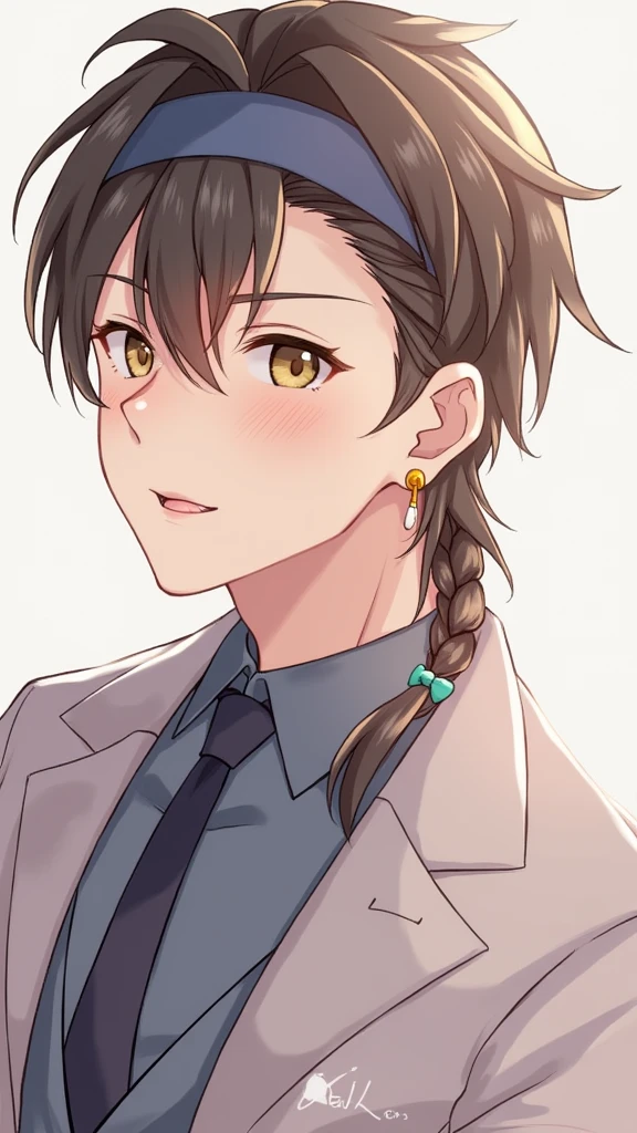And a man、High resolution, smile, Shortcuts, accessories, ribbon, ribbonヘアaccessories, Headband, Earrings, 可likeい、Highest quality, Anime Face、Anime-like side braid, handsome and tall man、初love、like、love、Soft、Sparkling、move