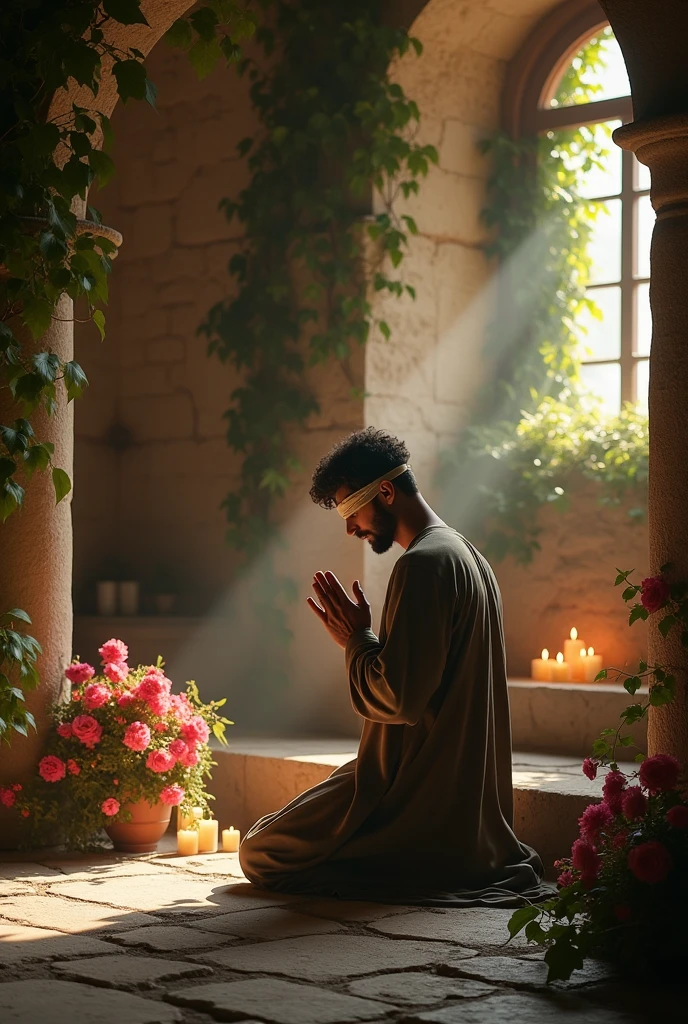 Man with blindfolded eyes praying 