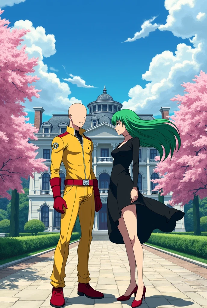 I want you to draw Saitama and Tatsumaki from One Punch Man in the courtyard of a mansion in anime style 