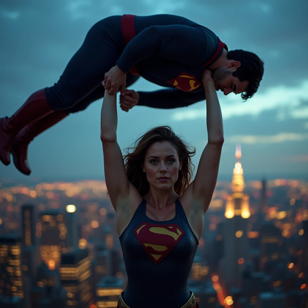 Erica Durance as Lois Lane lifting a large man high above her head with her strong arms. Photorealistic. Wide angle. City skyline in the background.