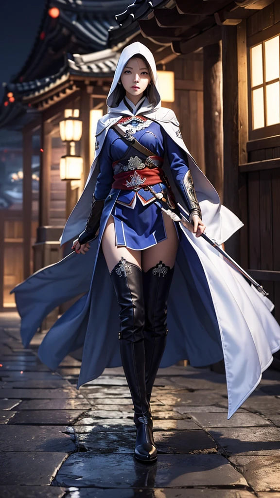 South korea assassin's creed women mystery hooded on with modern royal Blue coat with long and wide sleeves with buttons and royal Blue cape and very high white heel over the knee and white gloves, As she reveals a small secret hidden blade coming from his palm , adding to the character's mysterious and agile appearance, with small movements of air on the cape, jump from roof to roof, in summer at night under the rain,medieval south korea house. sophisticated and highly detailed, ultra hd, realistic, hyper detailed, enhanced colours, ultra sharp focus, with vibrant, rich in details High quality, gorgeous, captivating, 8k, super detailed, stunning shadows, detailed lines, ready to make a murder