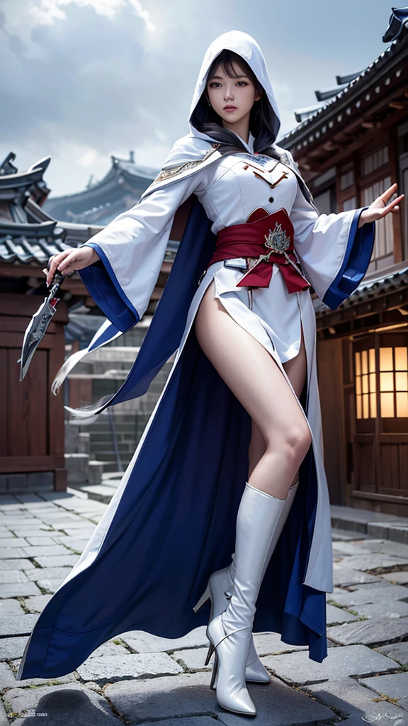 South korea assassin's creed women mystery hooded on with modern royal Blue coat with long and wide sleeves with buttons and royal Blue cape and very high white heel over the knee and white gloves, As she reveals a small secret hidden blade coming from his palm , adding to the character's mysterious and agile appearance, with small movements of air on the cape, jump from roof to roof, in summer at night under the rain,medieval south korea house. sophisticated and highly detailed, ultra hd, realistic, hyper detailed, enhanced colours, ultra sharp focus, with vibrant, rich in details High quality, gorgeous, captivating, 8k, super detailed, stunning shadows, detailed lines, ready to make a murder