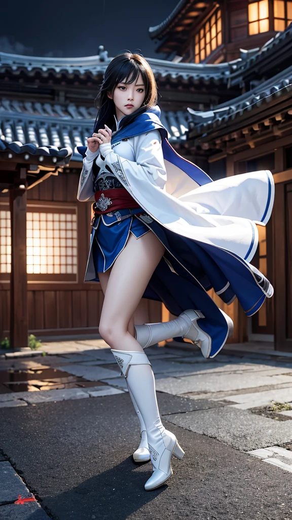 South korea assassin's creed women mystery hooded on with modern royal Blue coat with long and wide sleeves with buttons and royal Blue cape and very high white heel over the knee and white gloves, As she reveals a small secret hidden blade coming from his palm , adding to the character's mysterious and agile appearance, with small movements of air on the cape, jump from roof to roof, in summer at night under the rain,medieval south korea house. sophisticated and highly detailed, ultra hd, realistic, hyper detailed, enhanced colours, ultra sharp focus, with vibrant, rich in details High quality, gorgeous, captivating, 8k, super detailed, stunning shadows, detailed lines, ready to make a murder