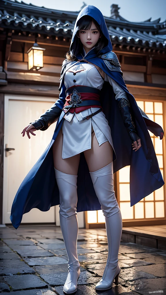 South korea assassin's creed women mystery hooded on with modern royal Blue coat with long and wide sleeves with buttons and royal Blue cape and very high white heel over the knee and white gloves, As she reveals a small secret hidden blade coming from his palm , adding to the character's mysterious and agile appearance, with small movements of air on the cape, jump from roof to roof, in summer at night under the rain,medieval south korea house. sophisticated and highly detailed, ultra hd, realistic, hyper detailed, enhanced colours, ultra sharp focus, with vibrant, rich in details High quality, gorgeous, captivating, 8k, super detailed, stunning shadows, detailed lines, ready to make a murder