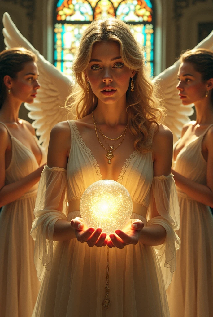 (Best quality,4K,A high resolution,Masterpiece:1.2),Divine figures,Flawless face,Serene expression,Exquisite palace setting,surrealist artwork,Ethereal beauty,Angelic being,celestial glow,Elegant and elegant gesture,Golden light shines through the stained glass windows,Vivid and rich colors,Meticulous attention to detail,Elaborately drawn dresses flutter in the wind,Sublime and detached atmosphere,Delicate jewelry shines in the light,Focus on the eyes and lips,Bright skin and radiant complexion,Serenity and otherworldly presence,Hints of magic and mystery,Calm and palatial atmosphere,Heavenly and charming aesthetics,Idealized and immaculate character,Holding a magic crystal ball,casting spells,Perfect Finger,incredibly detailed