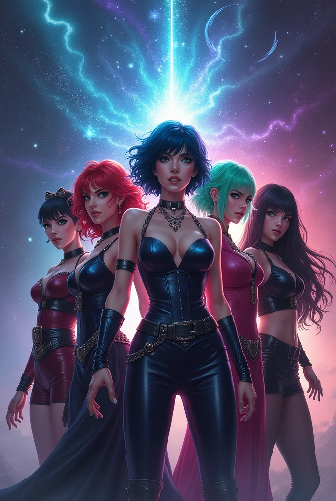 Group of heroines, the leader has short blue-black hair with powers to control the stars, sexy heroine outfit, Your red-haired partner has the power to control telekinetic magic with telepathy, gothic clothes, another sorceress with straight green hair, curled with a black sorceress outfit, with powers to cast any spells she wants, another with powers to open portals, black power purple hair, the tallest of the group, 80s disco clothes