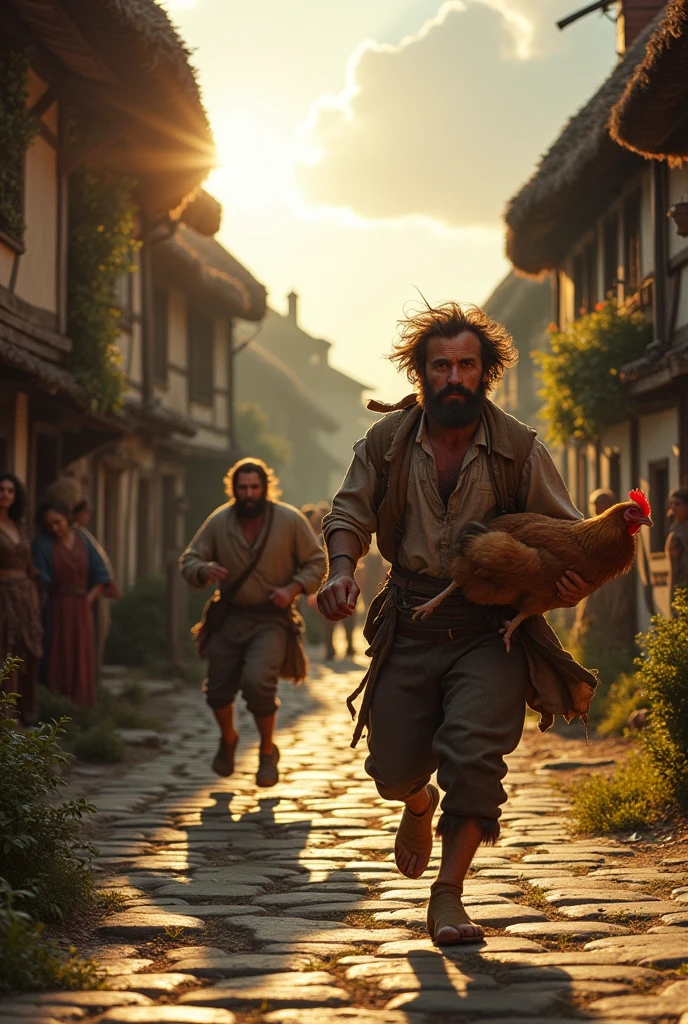A 30-year-old man stealing a chicken in the Middle Ages, the farmer is chasing the thief.
