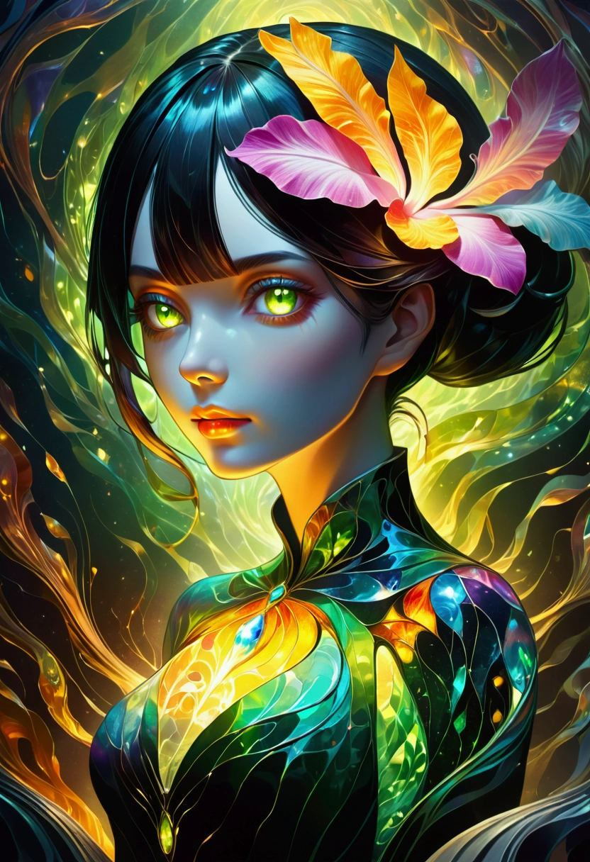 (masterpiece), (Highest quality), (Super Detail), none, psychedelic, Mysterious Woman, Portraiture, Color swirl, orchid, Beautifully expressive,Layered Outlines，Depth and size，Creative Expression，translucent form，Crystal structure，Glowing Lines，fluorescence，Glow Example，Tracking example，flash，fluorescence particles，Backlight，translucent，Light Particle Blur，Lighting Effects