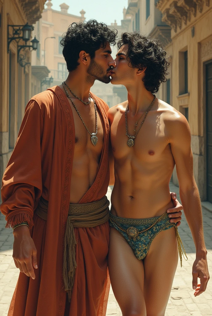 ((fullbody)) baroque painting+until_Muslim prince in an Ottoman palace, An Arab, cinnamon skin, green eyes, wavy black hair, fine rostrum, toned, slender body, body hair, beautiful face, Kissing a young Viking man, rubio, blue eyes, musculoso beautiful face , strong, masculine with perfect proportions, white skin innocent and loving look both walking together wearing swimsuit in background beautiful medieval arabic street in Granada fullbody model 5 0 0 px, Nikon d 8 5 0 camera, fullcolor, sticker of a full body picture of a beautyfull young man, highly detailed beautyfull face, Freedom, soul, digital illustration, approaching perfection, dynamic, highly detailed, watercolor painting, artstation, concept art, smooth, Sharp focus, illustration in the style of artists like Russ Mills, sakimichan, WLOP, loish, Artgerm, Darek Zabrocki, and Jean-Baptiste Monge (homoerotism_fullbody_NSFW) Body position