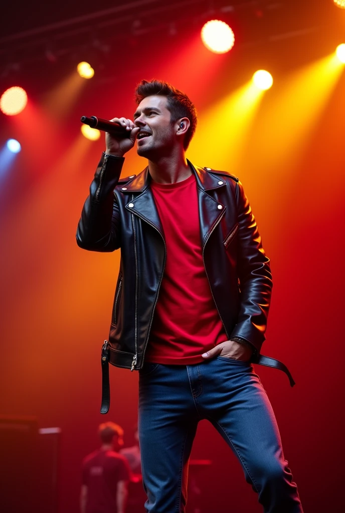 Handsome man short hair wearing black leather jacket and red t-shirt and blue jeans, singing on the stage, red and yellow spotlight, karaoke atmosphere