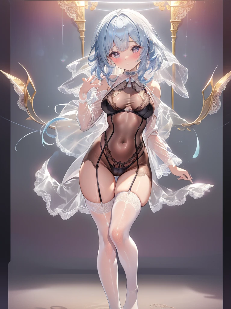 Very beautiful girl, See through,Beautiful and fair、Beautiful Skin、Glowing Skin, bright, Refreshing and gentle look, Perfect beautiful face、Beautiful shiny bangs, Small breasts,Lace dress,See through,,(((Sexy see-through lingerie for women,Shiny bodysuit,Smooth and silky clothing,Trimmed combination,Lace Stockings,Erotic leash,pajamas))),