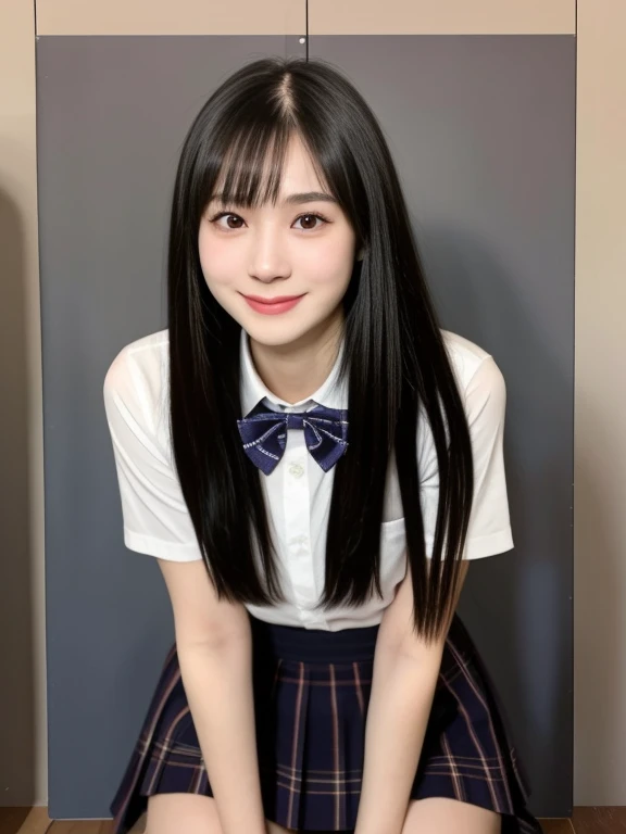 (kawaii 18 year-old Japanese girl, Nogizaka idol, Korean idol), healthy female athlete body, (glossy black hair, short hair, pixie cut, bangs:1.3), (rounded face, pure black eyes, single eyelid, no makeup, best smile:1.2), (wearing Japanese school uniforms, collared shirt, bow tie:1.3), extra small breasts, (plaid skirt, bare thighs visible, tight gap:1.2), BREAK, (simple grey background:1.3), (kneeling on the floor, view from diagonally forward, cowboy shot, thigh focus:1.2), BREAK, (masterpiece, best quality, photo realistic, official art:1.4), (UHD, 8K quality wallpaper, high resolution, raw photo, golden ratio:1.3), (shiny skin), professional lighting, physically based rendering, award winning, (highly detailed skin, extremely detailed face and eyes, anatomically correct body), Carl Zeiss 85 mm F/1.4, depth of field, 1girl, solo,