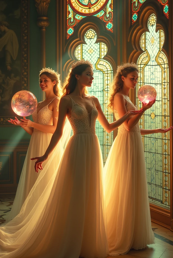 (Best quality,4K,A high resolution,Masterpiece:1.2),Divine figures,Flawless face,Serene expression,Exquisite palace setting,surrealist artwork,Ethereal beauty,Angelic being,celestial glow,Elegant and elegant gesture,Golden light shines through the stained glass windows,Vivid and rich colors,Meticulous attention to detail,Elaborately drawn dresses flutter in the wind,Sublime and detached atmosphere,Delicate jewelry shines in the light,Focus on the eyes and lips,Bright skin and radiant complexion,Serenity and otherworldly presence,Hints of magic and mystery,Calm and palatial atmosphere,Heavenly and charming aesthetics,Idealized and immaculate character,Holding a magic crystal ball,casting spells,Perfect Finger,incredibly detailed