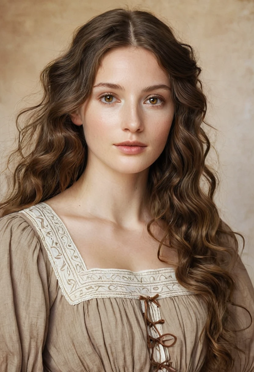 Create a woman with white skin, with light brown eyes, wearing a peasant dress, long, wavy brown hair, 