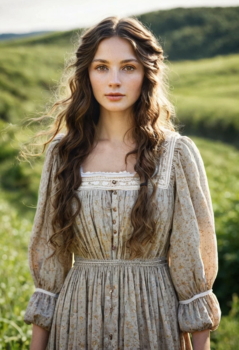 Create a woman with white skin, with light brown eyes, wearing a peasant dress, long, wavy brown hair, 