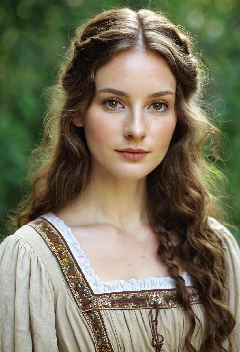 Create a woman with white skin, with light brown eyes, wearing a peasant dress, long, wavy brown hair, 