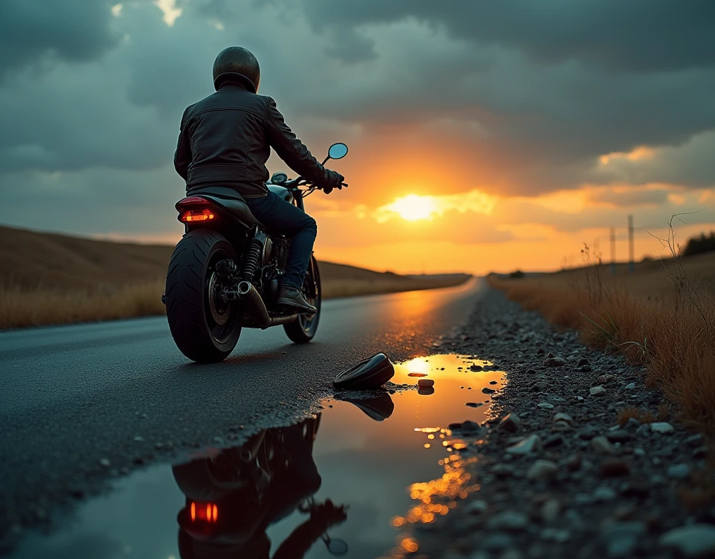 "A lone motorcyclist on a deserted highway at sunset, with a close-up of a puddle reflecting a tragic accident involving a gas truck and the motorcyclist. The scene is dramatic, with dark clouds and dim lighting."