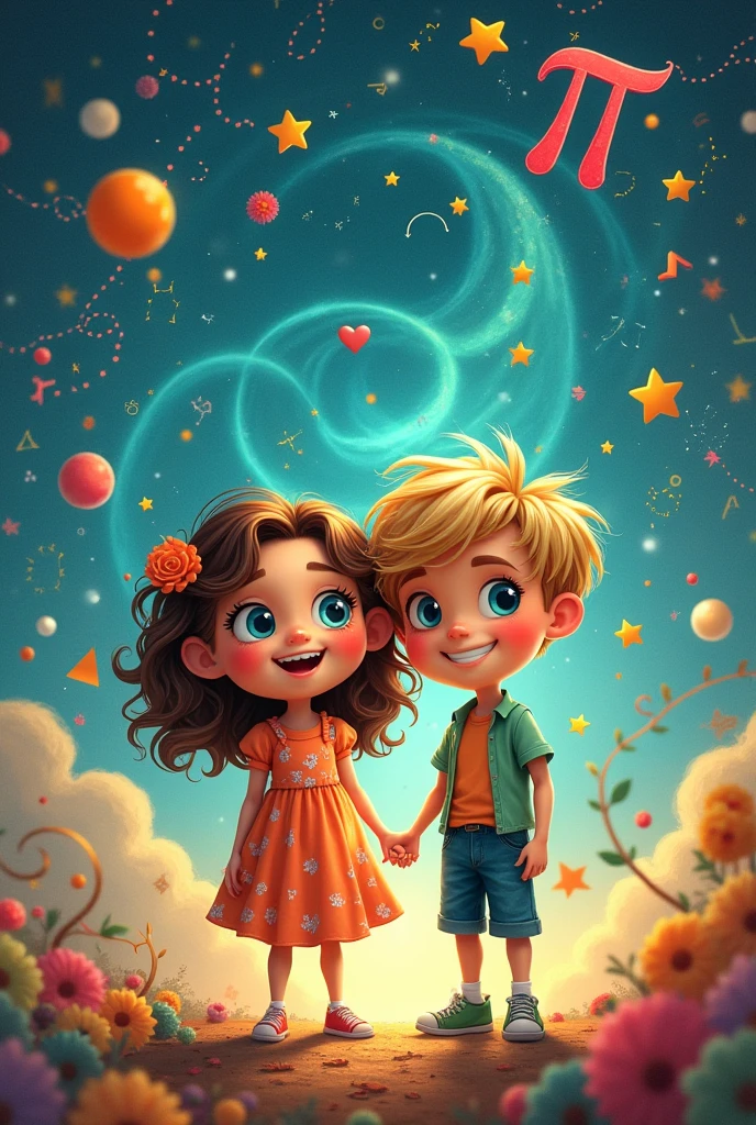 Image of a girl and a boy with a background of mathematical figures and the pi symbol.
It should say in Spanish.
"Our friendship is like Pi, irrational and endless, but full of meaning in every digit."