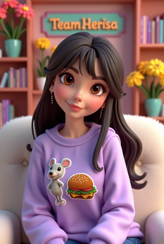 Create a detailed 3D model of a beautiful woman with light brown eyes, dark brown hair, and very pretty eyelashes. She should have bangs that fall forward and be wearing a lilac purple sweatshirt that says 'HerIsa' with a mouse and a hamburger drawn on the front. She should be sitting on a white fluffy piece of furniture, with flowers and books on shelves behind her, and a sign that says 'Team Herisa'.♡
