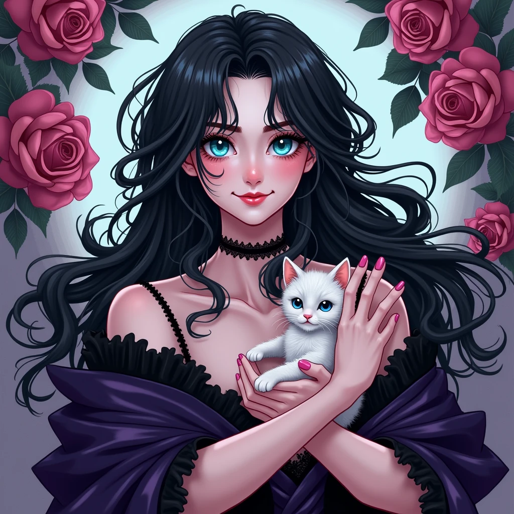 Male, sexy, long black hair, teal blue eyes, young, gothic, delicate features, no facial hair, no body hair, seductive, white and pale. Roses. Sexy pose. Purple and black. Sexy. Sexy pose. Seductive. Sensual. Long eyelashes. No facial hair. Pretty face. Sexy pose. Man. Male. Cute kitten. Smirking. No body or facial hair. Young male. Cute. Cartoon style.