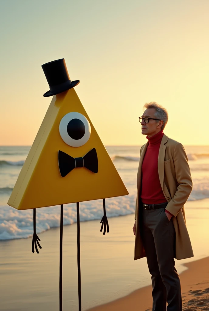 a realistic image of a floating Two-dimensional yellow triangle with a giant eye with a black iris , that eye is in the middle of his body, This character does not have a mouth, but it does have two thin arms and two legs like spaghetti that are black, The triangle is wearing a long black top hat and A black bow tie under his eye. This character will be receiving a smile Near him from a handsome man with gray hair, black plastic glasses, a kind of red turtleneck, and dark pants, Over the red turtleneck sweater, he is wearing a Beige overcoat .The background will be a sunset on the beach. The main characters will be centered in the image very close to the camera.