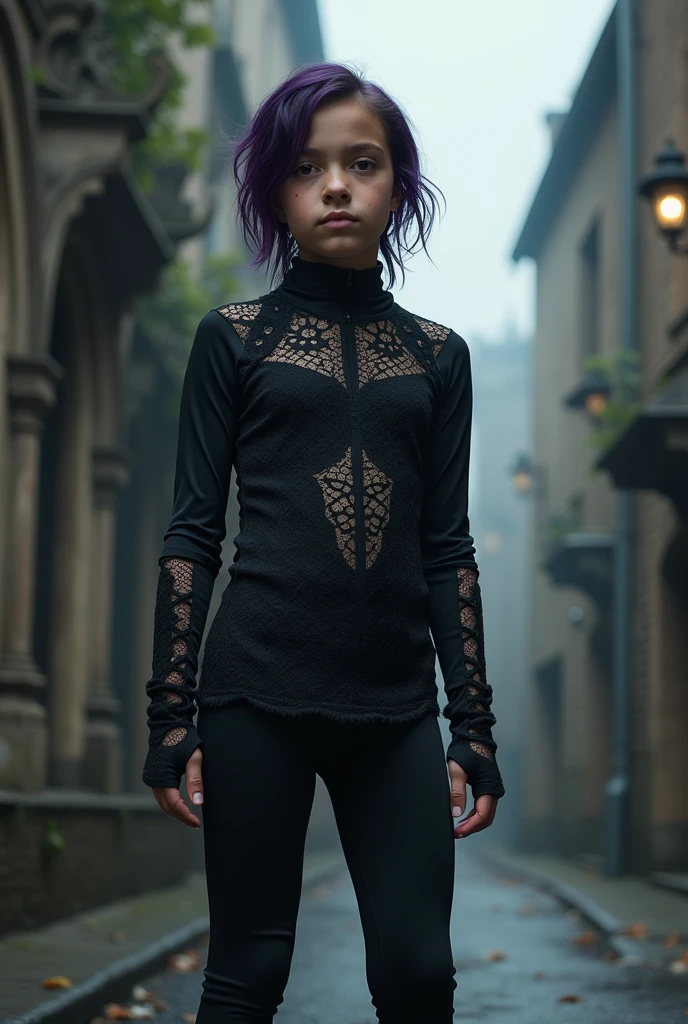  of approximately 10 years athletic gothic style with tight clothing in a realistic photographic style
