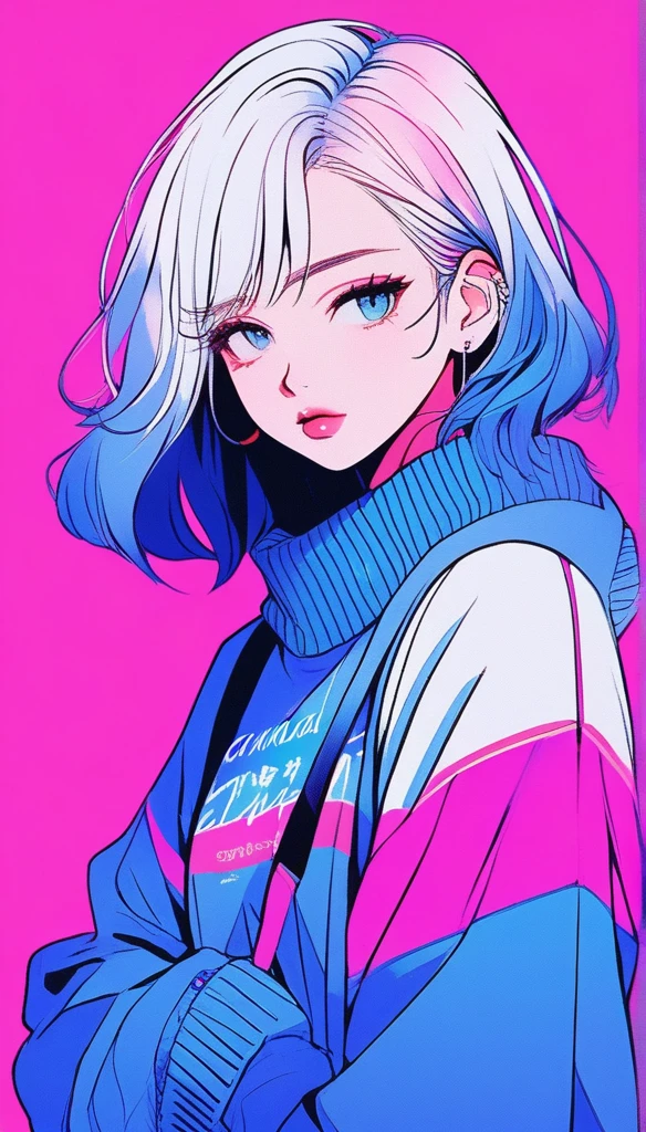 illustrator, anime , realistic ,sketch , 1 girl, ,lip, sweater,order, Blue gradient background, neon hair,Textured trim, Canadian, (masterpiece,Best quality) ganyou