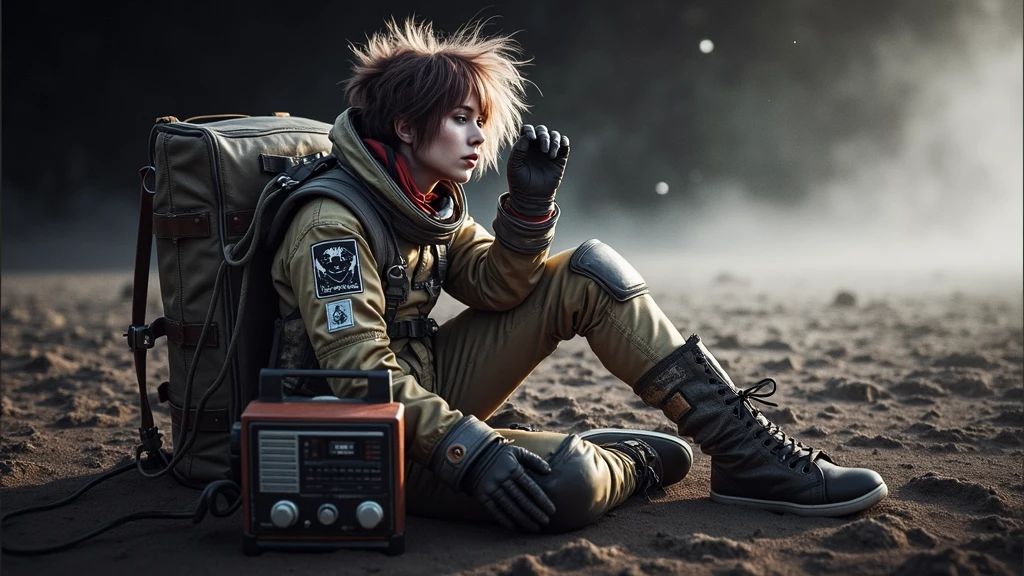 Insanely detailed cinematic stunning shot in a complex mixed technique. Full-length homeless-styled Female Cosmonaut in a shabby spacesuit with patches listens to the radio receiver. Charming cosmonaut with unruly hair lies in the field and listens to the radio in relax. Surreal punky style. Leather Bag, pirate patch on the sleeve. Sharpness of shadows, dust in the air. Concept art 16K, Epic